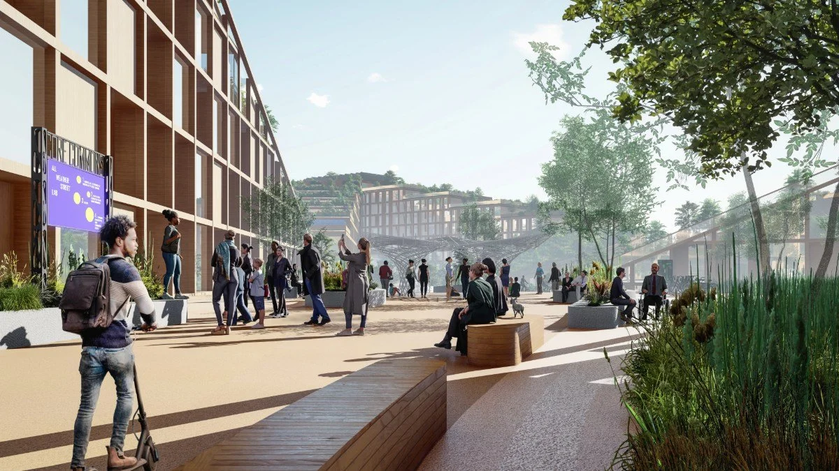 A visual representation of the Governors Island new building, highlighting its contemporary design and commitment to sustainability.