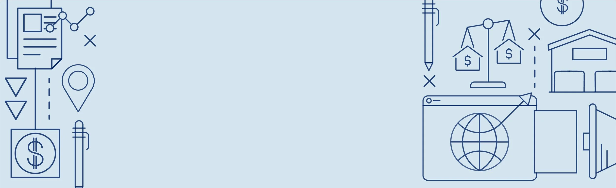 Financial and business illustration with icons of charts, location pin, dollar sign, pen, houses, globe, and documents on a blue background.