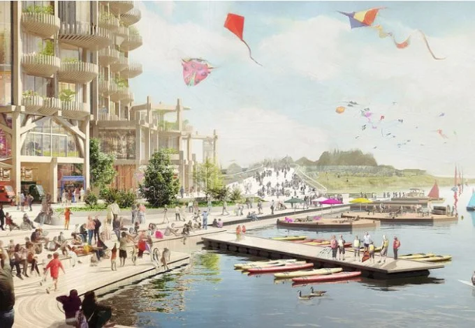 An artist's rendering of the envisioned waterfront development showcasing modern architecture and vibrant public spaces.