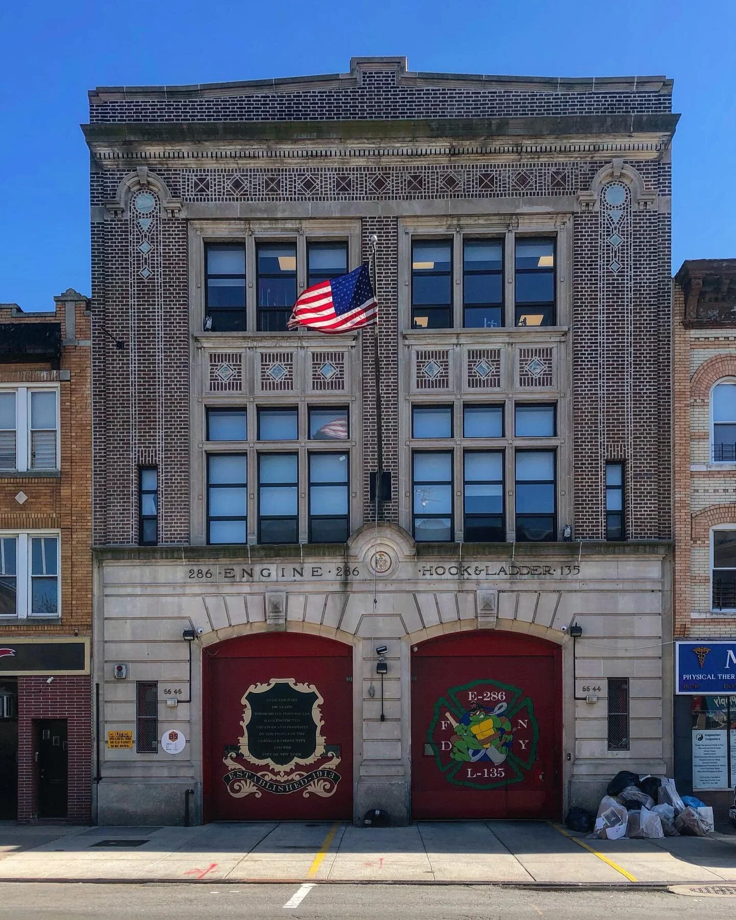 New York architectural details. A firehouse in Queens.