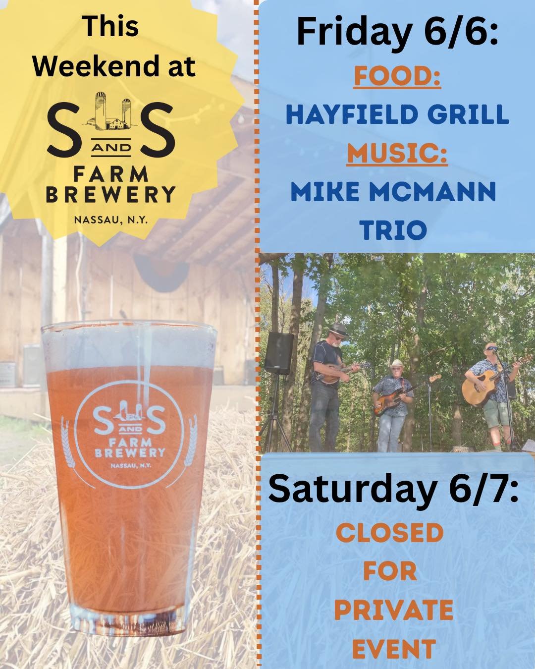 This Friday at S&amp;S, we&rsquo;re grateful to be able to offer an outdoor space&mdash;rain or shine! The tent is up and the weather is finally warming. 🌤️

🎶 Live music by the Mike McMann Trio under the tent or indoors, depending on the weather.
