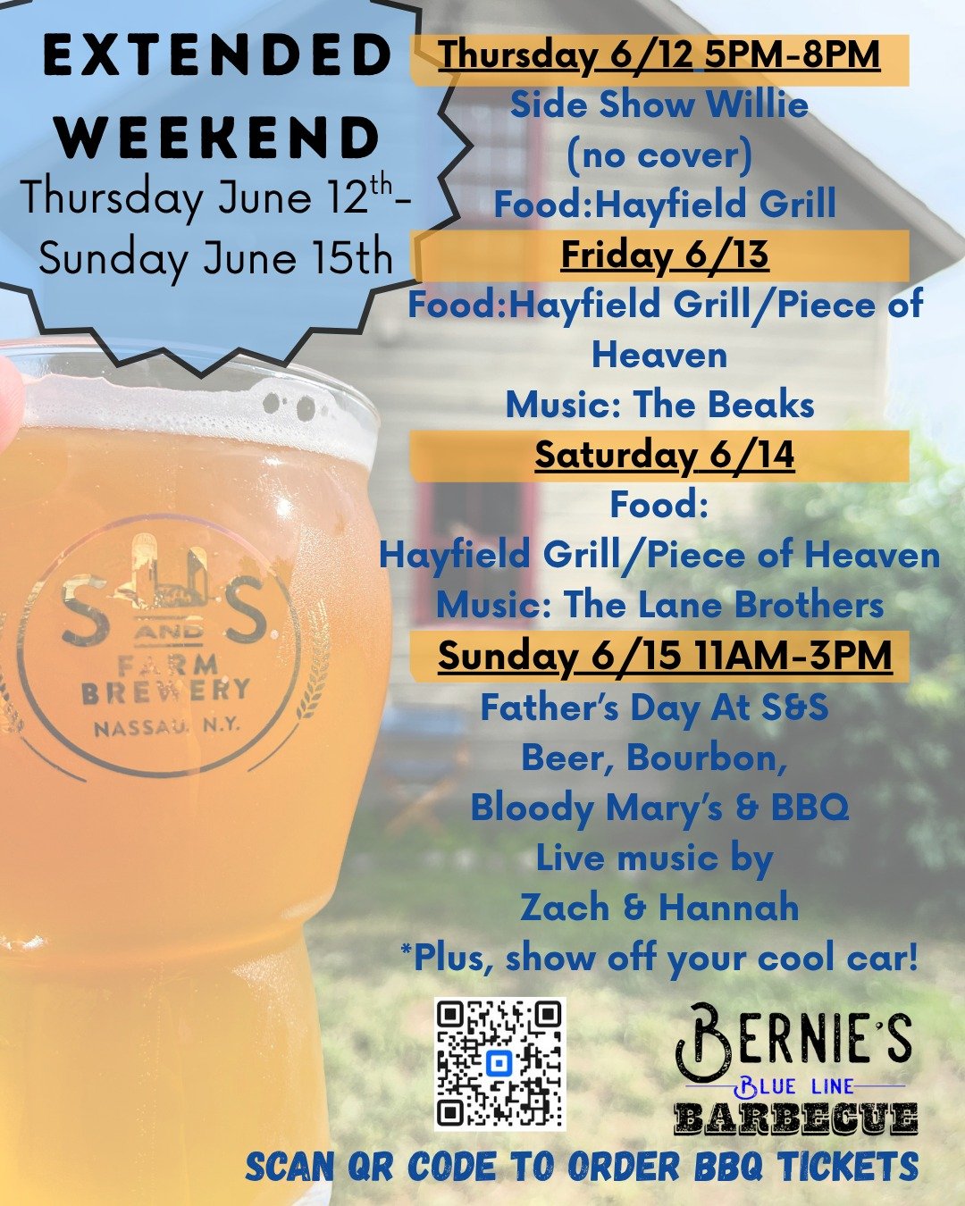 Extended Weekend Fun at S&amp;S Farm Brewery!
Bring on the beer, the sunshine, and the good times! ☀️🍻

🎶 Thursday, June 12th | 5&ndash;8 PM
We&rsquo;re kicking things off with a special Thursday music night featuring Side Show Willie. No tickets n