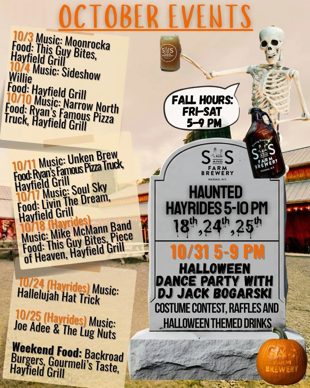 🎃 October is here, and so are our fall hours! Join us Fridays and Saturdays from 5-9 PM for an exciting lineup of bands, Autumn brews/cocktails and delicious food trucks. 

🚜 Don't miss our haunted hayrides on October 18th, 24th, and 25th from 5-10