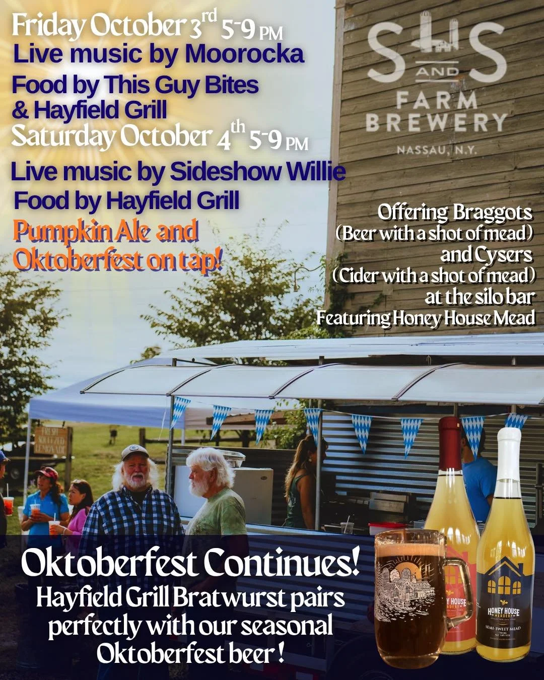 🎉 Oktoberfest Continues! This weekend we&rsquo;re back to our Fall hours Friday-Sat 5-9 PM

🍂 Join us this Friday, October 3rd, from 5-9 PM for live music SideShow Willie and delicious food from This Guy Bites &amp; Hayfield Grill! 

🎶 Then, on Sa