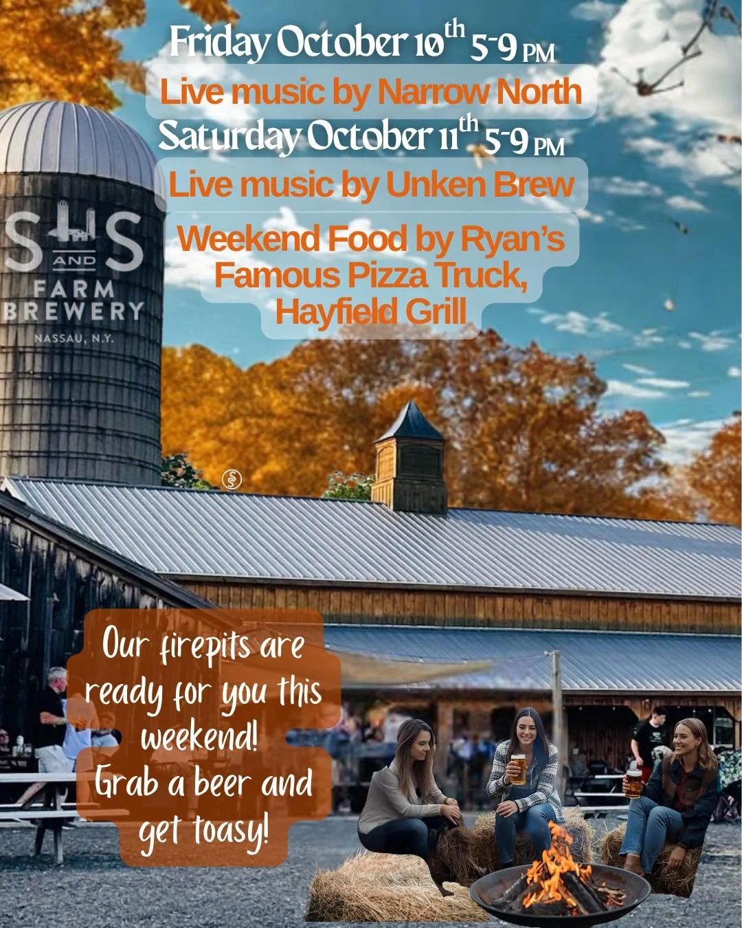 Enjoy this fall weekend with us!
Fire pits are out for cooler evenings! 🔥 &mdash;grab a beer and get cozy! 🍻

Friday, October 10th &amp; Saturday, October 11th, 5-9 PM 
🎤 Live music: 
- Friday: Narrow North 
- Saturday: Unken Brew 

🍕 Weekend eat