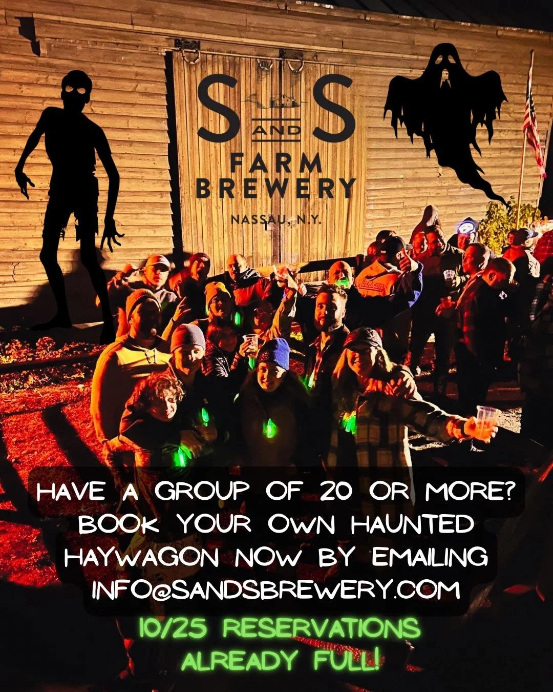 🎃 Got a group of 20 or more? Don't miss out on the spooky fun! Book your own Haunted Haywagon now by emailing info@sandsbrewery.com. 
Hurry, reservations for 10/25 are already full! 👻 

#HauntedHaywagon #SandsBrewery #HalloweenFun #BookNow