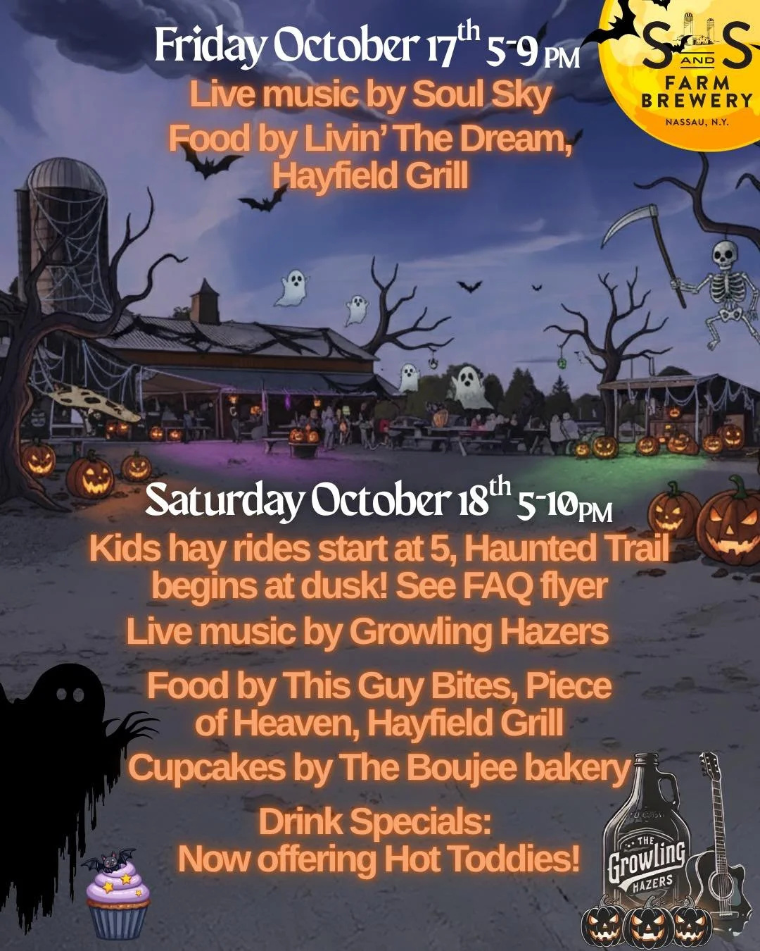 🎃 Tonight is the first night of our haunted trail! 🎃 

👻 🍬 Kids hayrides with candy starting at 5 PM until dusk, with hayride to haunted trail to follow. 

🎶 Live music by the Growling Hazers
🍔 🌯Food from This Guy Bites, Piece of Heaven, and H