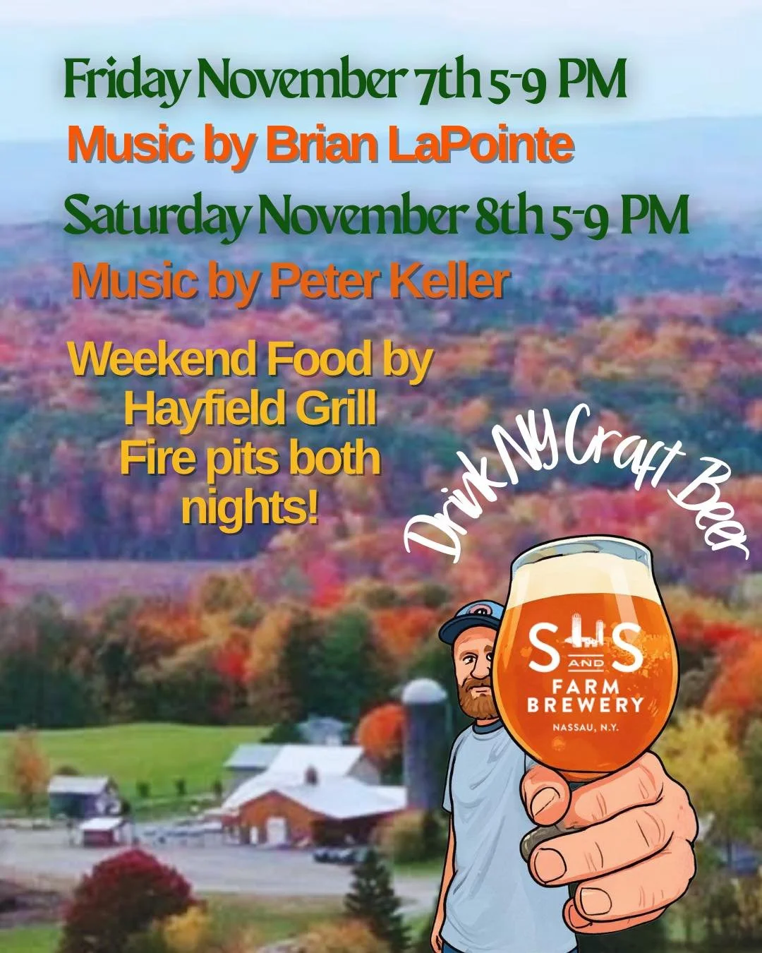🍻 This weekend at S&amp;S&hellip;

📅 Friday, November 7th, 5-9 PM
Music 🎶 Brian LaPointe 

📅 Saturday, November 8th, 5-9 PM
Music 🎶 Peter Keller 

🍔 Pub style food by Hayfield Grill 
🔥 Fire pits both nights! 

Don't miss out! #sandsfarmbrewery