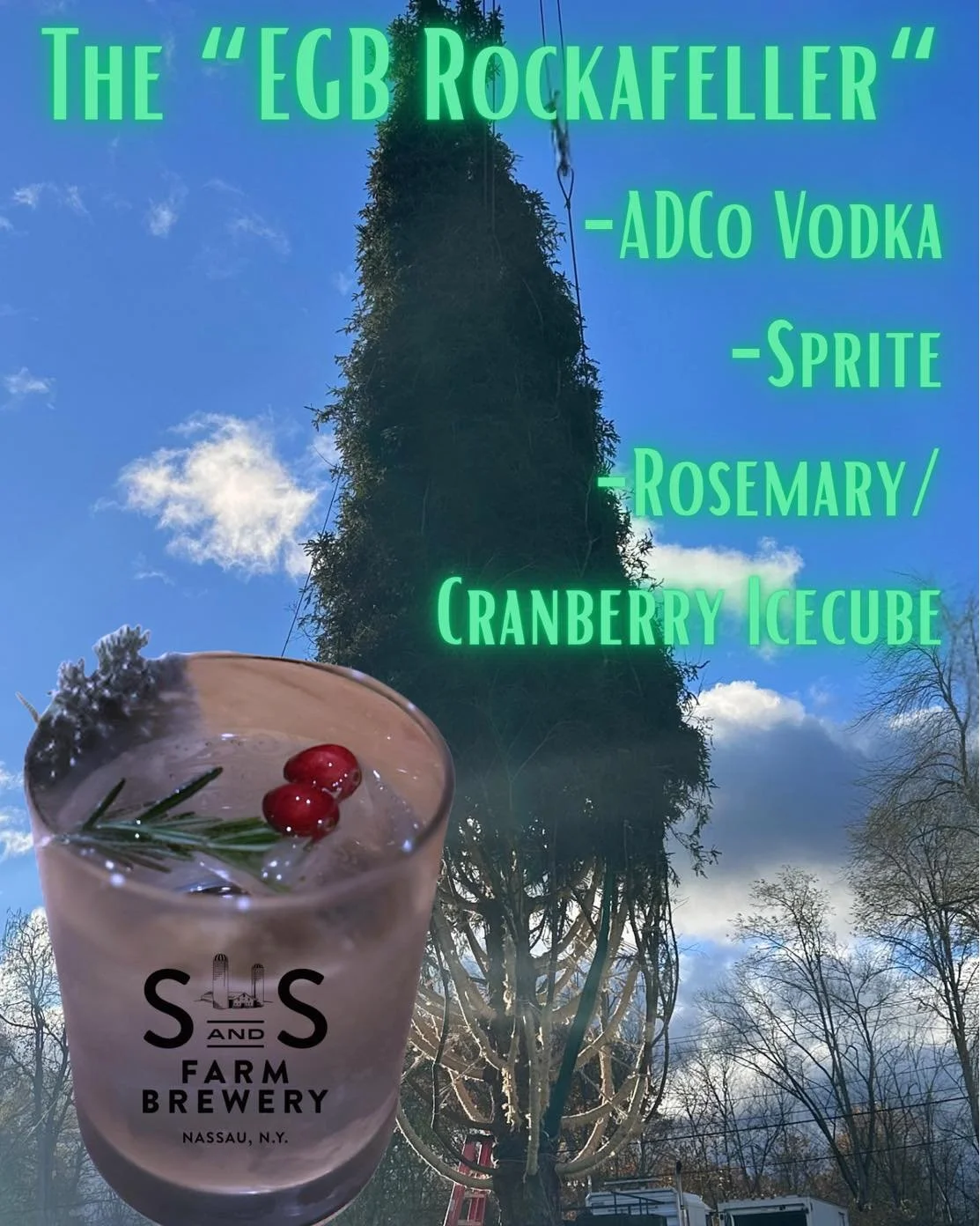 🎉 🌲 🍹 To celebrate the Rockefeller tree being from our hometown, we're introducing a limited-time drink this weekend: the EGB Rockefeller! 
🌲✨ Swing by and toast to our local pride with this celebratory creation. 
Don&rsquo;t miss out! #EGBRockef