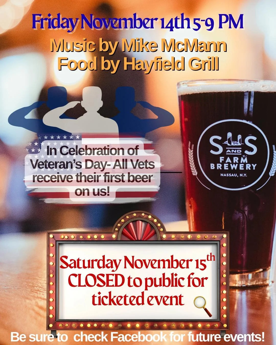 🍻 Join us this Friday, November 14th from 5-9 PM for an evening of music by Mike McMann and comfort food from Hayfield Grill! 

🇺🇸 In honor of Veterans Day, all vets will receive their first beer on us! Thank you for your service 🙏 

Please note,