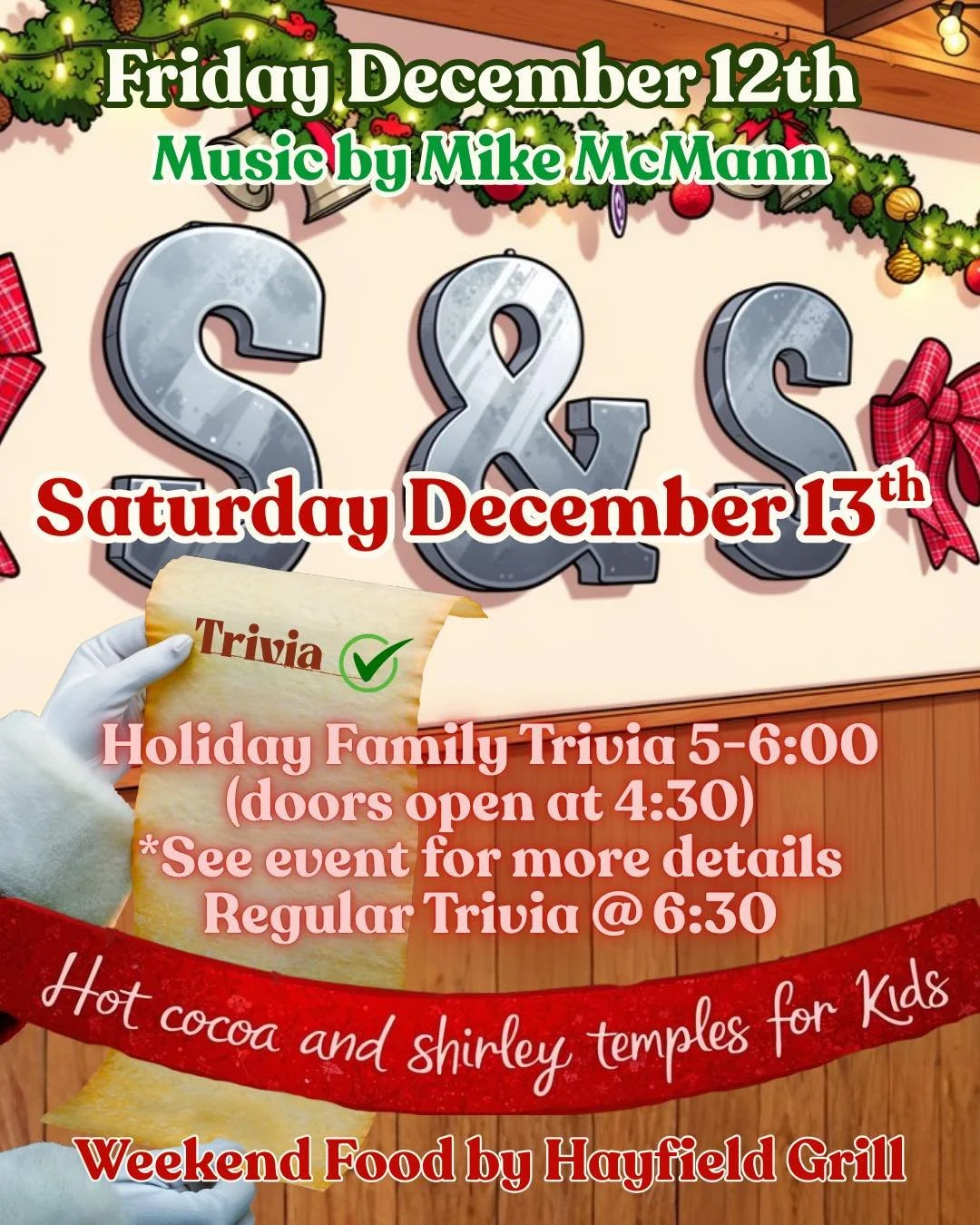 Holiday fun starts this weekend at S&amp;S 🎄✨The taproom is decorated and feeling cozy for the season. 

Come and enjoy live music with
Mike McMann 🎸 this Friday followed by a very special Holiday Trivia on Saturday with family trivia (ages 8+) fro