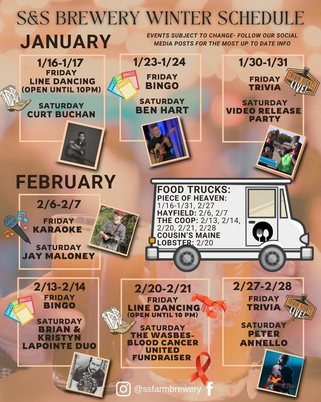 The time has come!!! 
S&amp;S will be reopening and our winter calendar is hot off the press! 
This winter, Fridays will be deemed our &ldquo;Friday Fun Day&rdquo; and Saturdays will be our live music nights. 
Check out our website and Facebook event