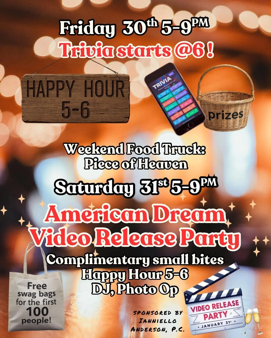 🎉 Join us this weekend for an exciting celebration! 

Friday Night Trivia: 6-9 PM (Doors open at 5) 🧠 
Prizes for winners! 

Saturday Night: Celebrate the release of our "American Dream" episode with complimentary small bites and goody ba