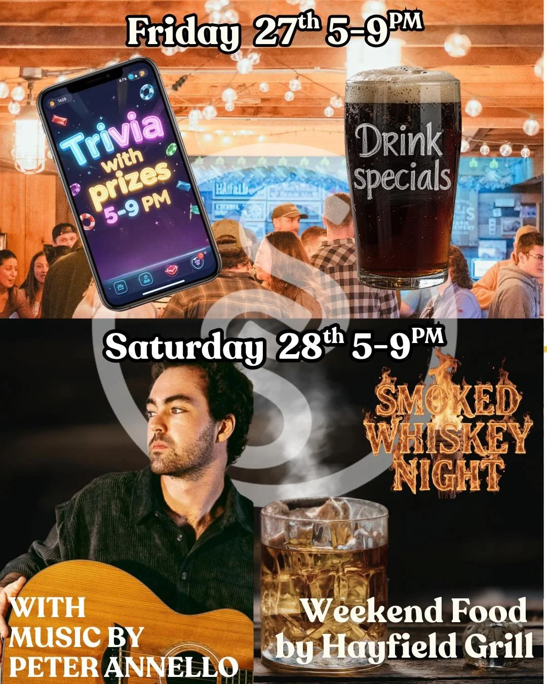 Heat wave this weekend outside and in the taproom! 

Friday, Feb 27th 5&ndash;9 PM
🧠 📱Trivia Night with prizes

Saturday, Feb 28th 5&ndash;9 PM
🔥 🥃*New at S&amp;S* Smoked Whiskey Night

Watch our Brewtender Chris Wells work his magic as glowing e