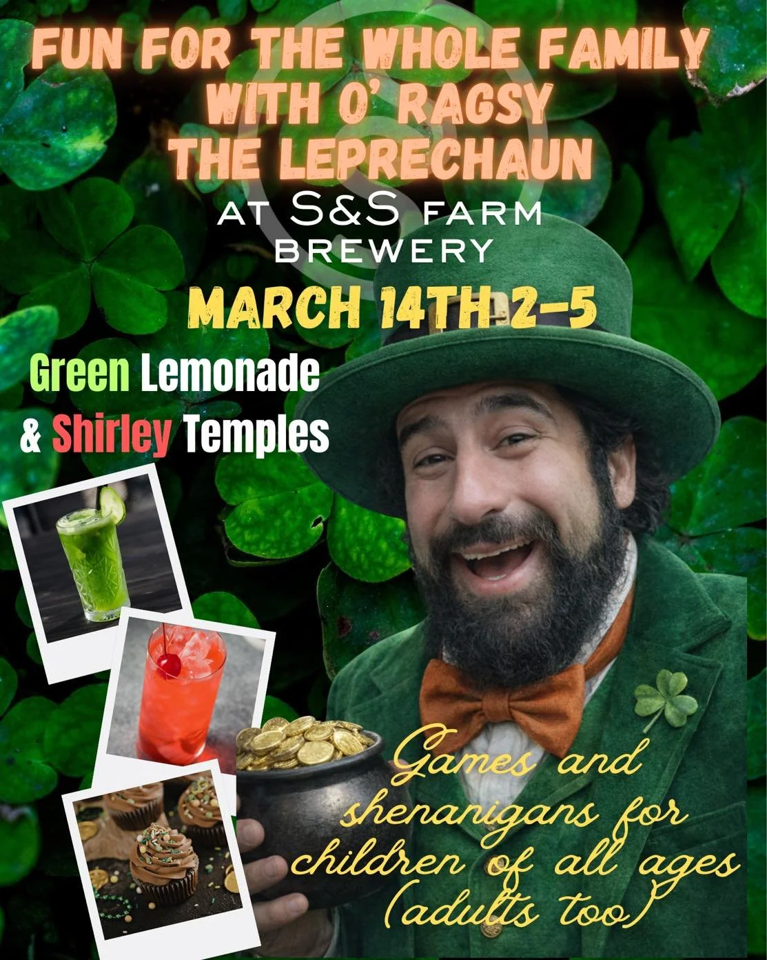 🍀 Rags the Leprechaun is making a special stop at the farm this March 14th from 2&ndash;5 PM for all the shenanigans your crew can handle. Games for kids, laughs for adults, and plenty of St. Paddy&rsquo;s cheer waiting for you at S&amp;S Farm Brewe