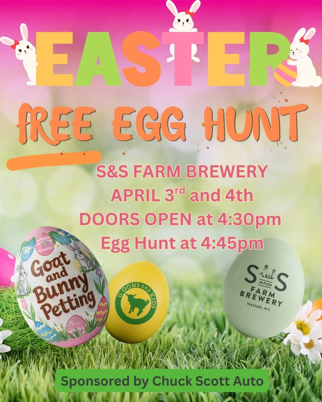 Our annual Free Easter Egg Hunt at S&amp;S Brewery is back this year with TWO days of FREE Easter Egg Hunts. Proudly sponsored by Chuck Scott Auto. Details below...

Dates: Friday April 3rd and Saturday April 4th
Times: Doors Open at 4:30pm with egg 
