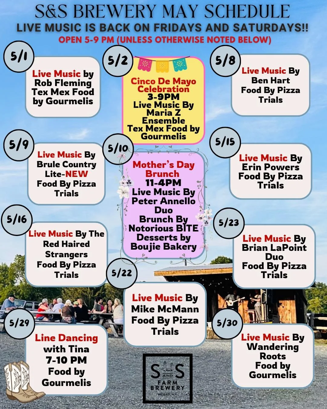 LIVE MUSIC is back on weekends in MAY 🎶🎤🎸🎶

Warmer days☀️= outside stage and seating area. 🔥Fire pits 🔥wind depending. If the weather is cooler/rainy🌧️, we will be hosting our musicians indoors. 

Looking for something fun to do this month? Ch