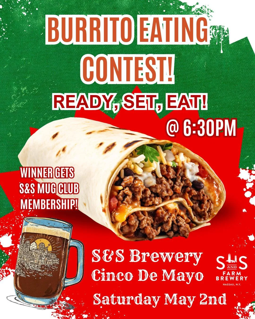 We are adding something fun to our line up for our Cinco de Mayo event on May 2nd from 3-9pm&hellip;

🌯🌯BURRITO SPEED EATING COMPETITION!! 🌯🌯

Competition will be held at 6:30 pm! Contestants will have to construct their own burrito and then eat 