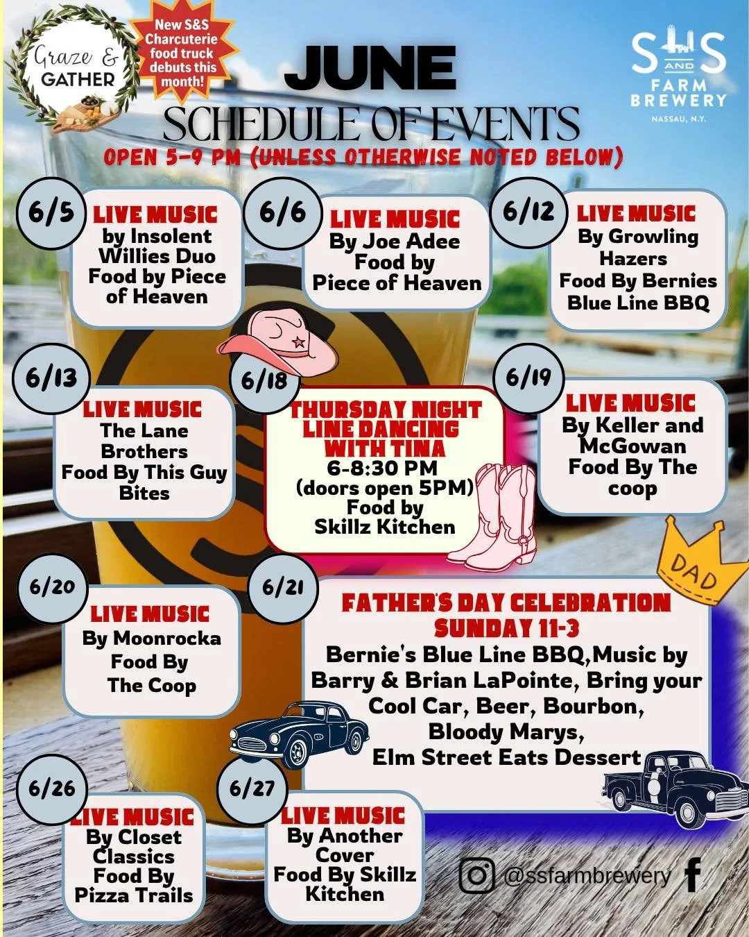 FINALLY SUMMER! Looking forward to some days outside at S&amp;S. June schedule is loaded with good food, beer, live music and fun events! Line dancing will be switching to monthly on a Thursday for the Summer. Check website and events page for more i