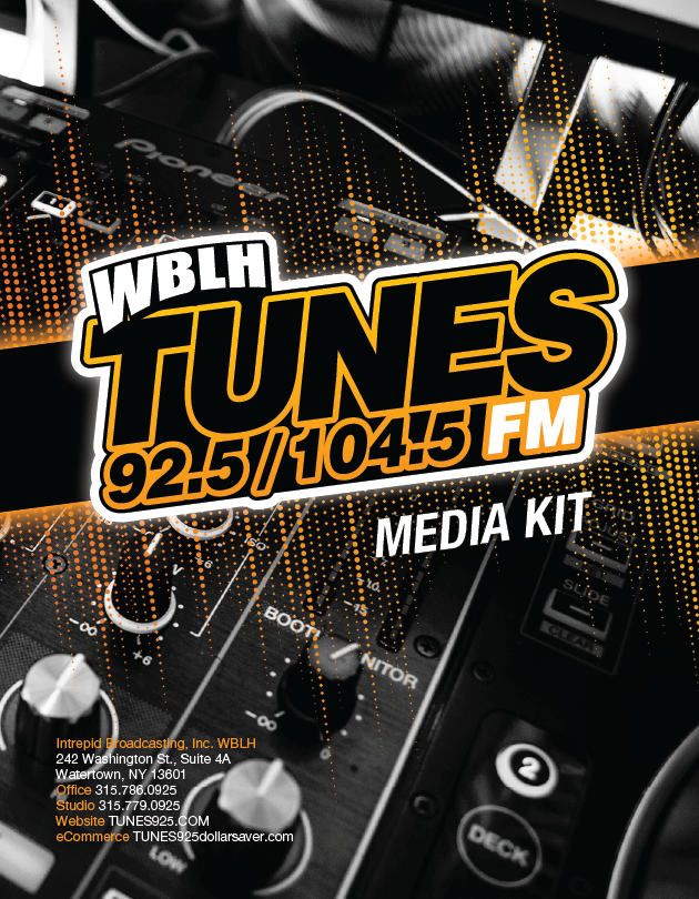 Tunes 92.5 and 104.5 FM media kit outlining advertising opportunities, audience reach, and marketing solutions in the North Country