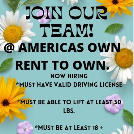 Are you looking for a NEW JOB or CAREER PATH? 
America's Own Renttoown is HIRING!
APPLY WITHIN OR ON FACEBOOK!
📌 430 State Street (behind Little Caesars) 
📲 315-779-1594 
💲 14.20 to start with commission opportunities!

#newjob #newcareer #newcare