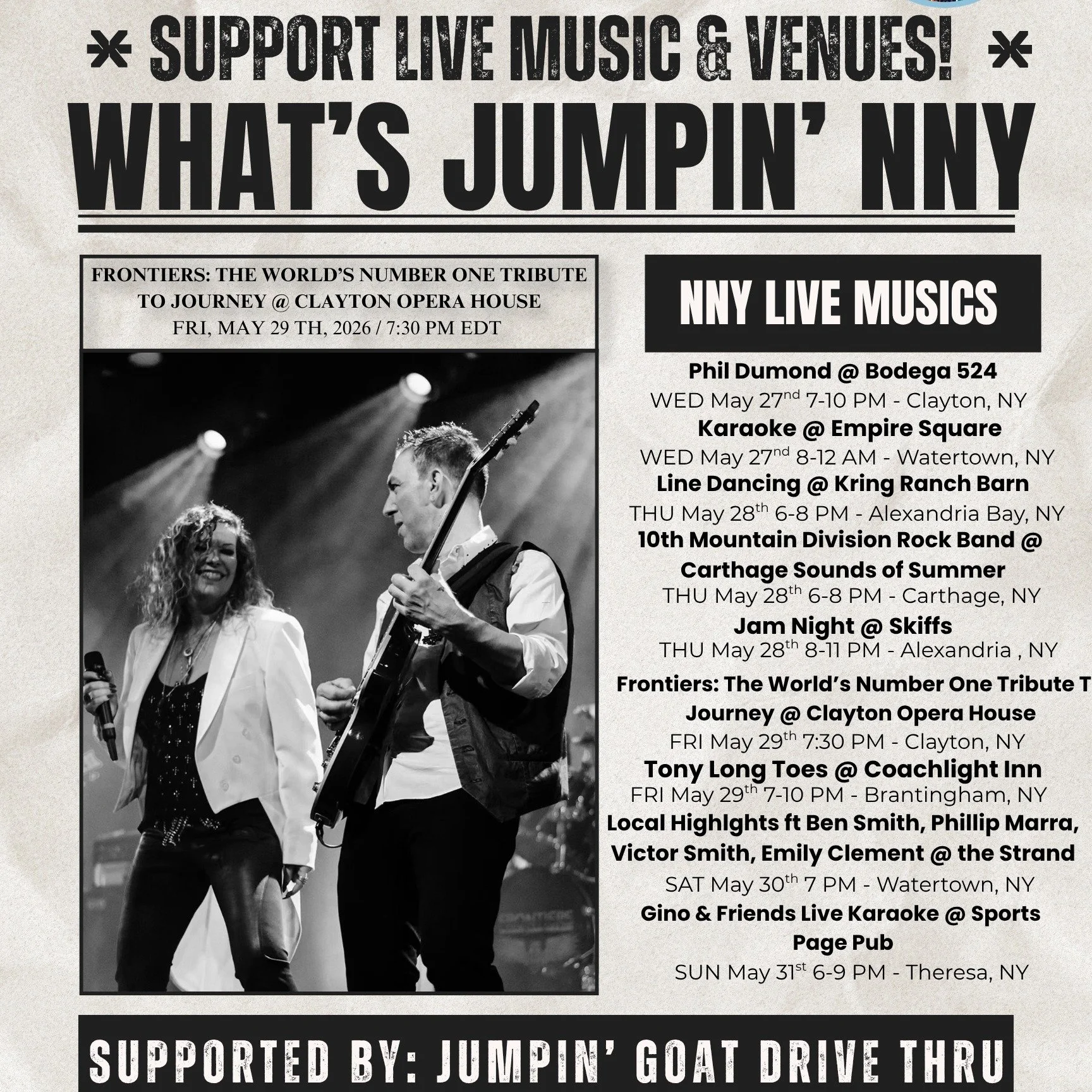 🎶 WHAT&rsquo;S JUMPIN&rsquo; NNY THIS WEEKEND?! 🎶

TUNES 92.5 &amp; 104.5 FM and our friends at the Jumpin Goat Drive Thru are bringing you another packed week of live music and entertainment across the North Country! Support local musicians, venue