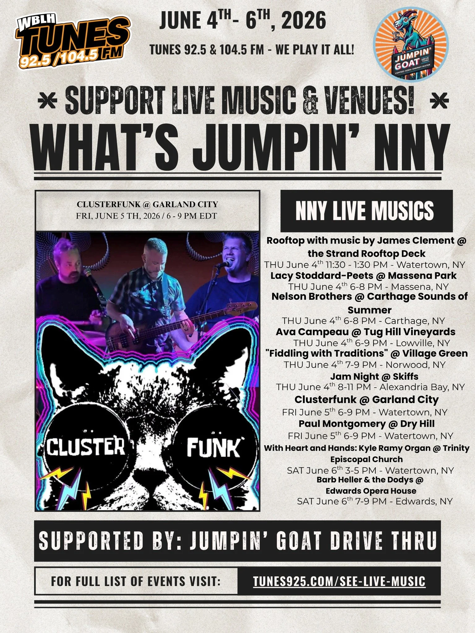 🎶🔥 WHAT'S JUMPIN' NNY? 🔥🎶

Looking for live music and entertainment this weekend? TUNES 92.5 &amp; 104.5 FM and our friends at Jumpin Goat Drive Thru have you covered!

🎸 THURSDAY, JUNE 4
🎶 Rooftop with James Clement @ The Strand Rooftop Deck
?