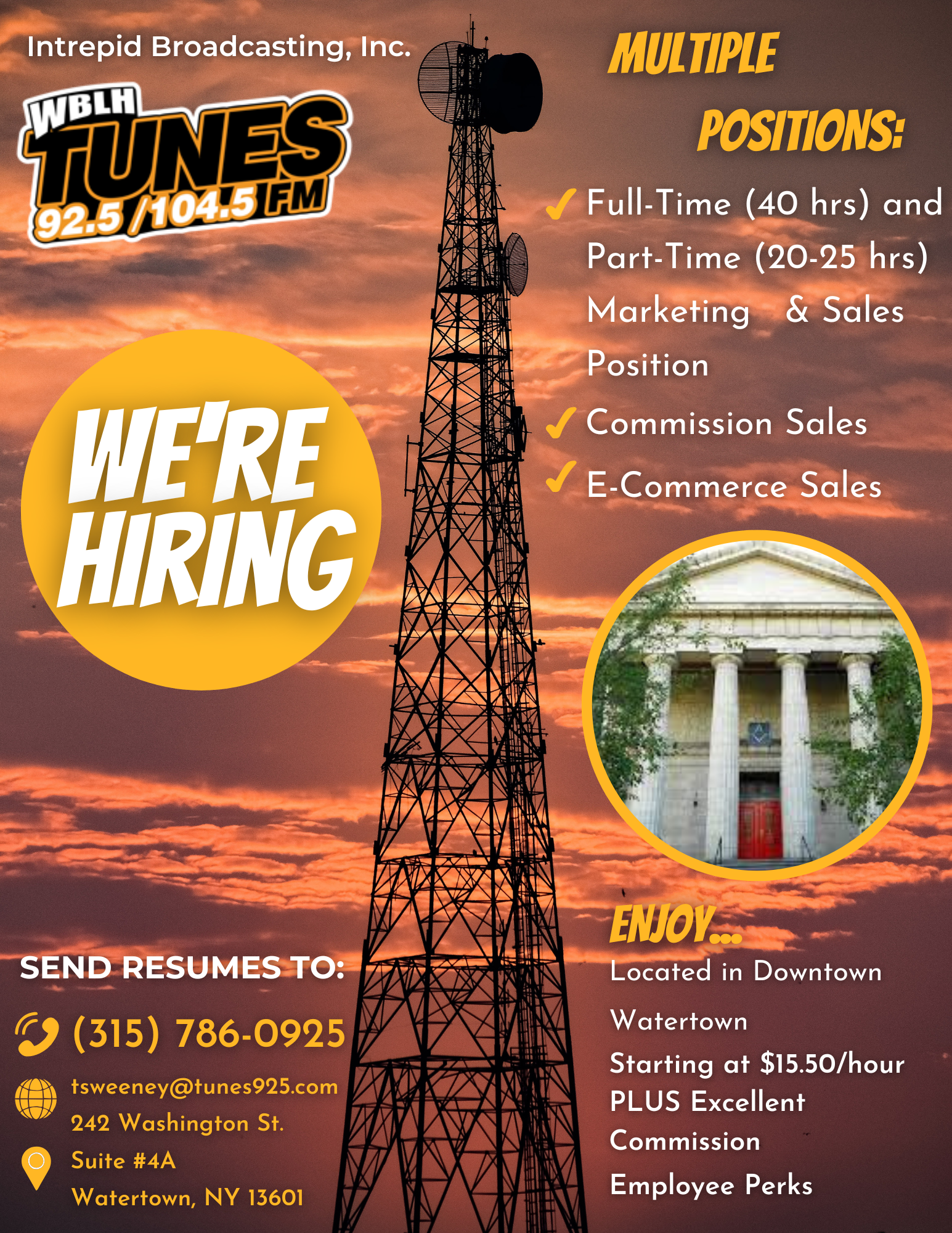 Apply now for employment opportunities at Tunes 92.5 and 104.5 FM in Watertown New York