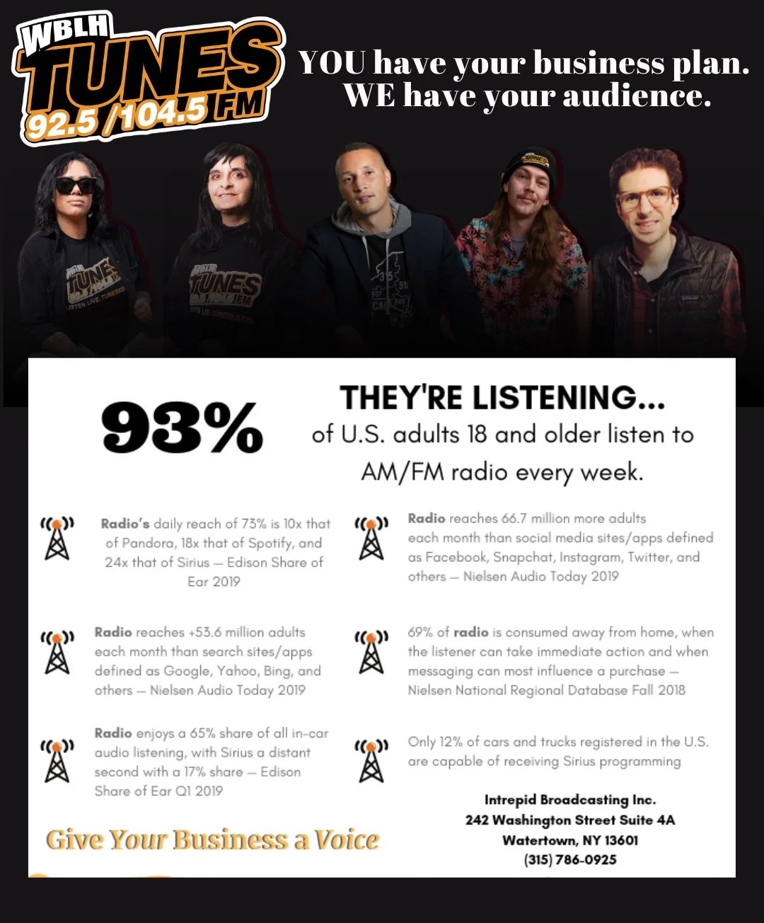 Advertise with Tunes 92.5 and 104.5 FM to reach local audiences across the North Country through radio, digital, and community marketing