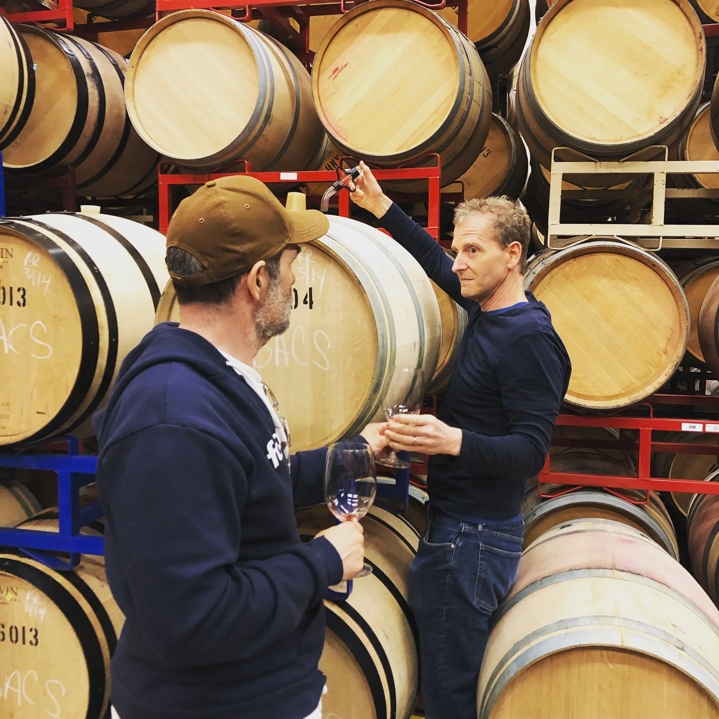 Dan and Jonathan Barrel Sampling in the WInery