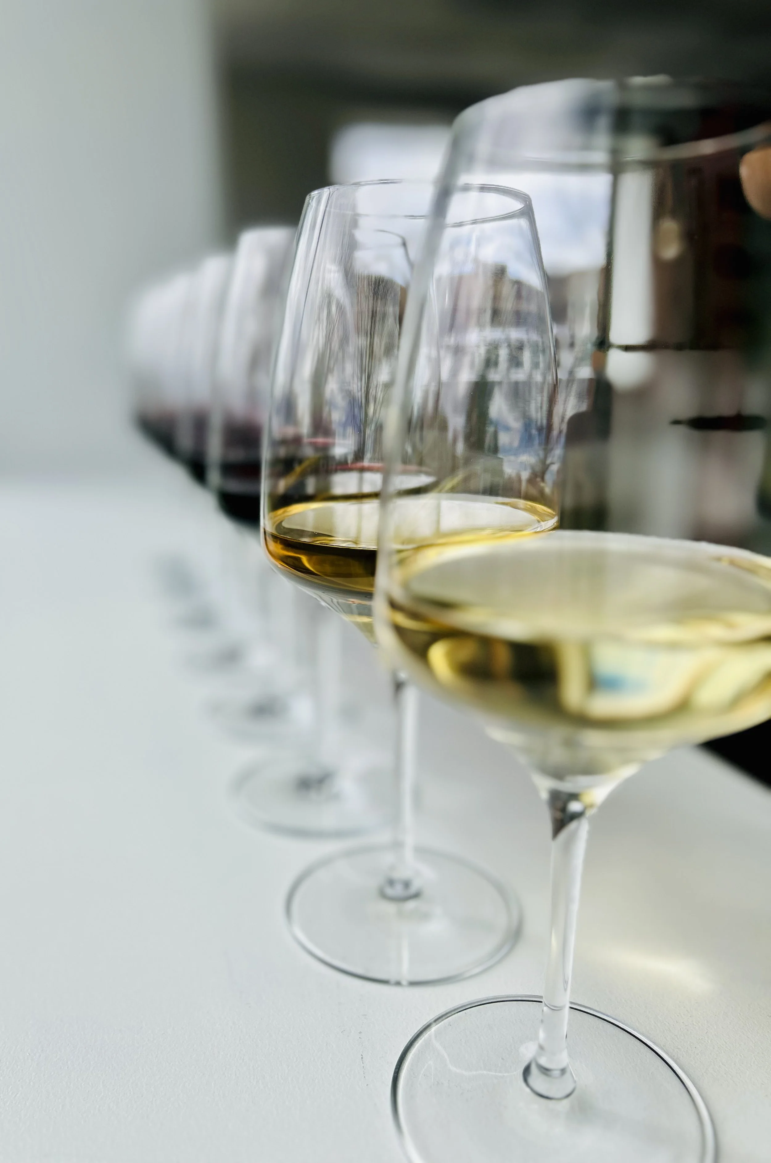 Row of colorful wines in glasses