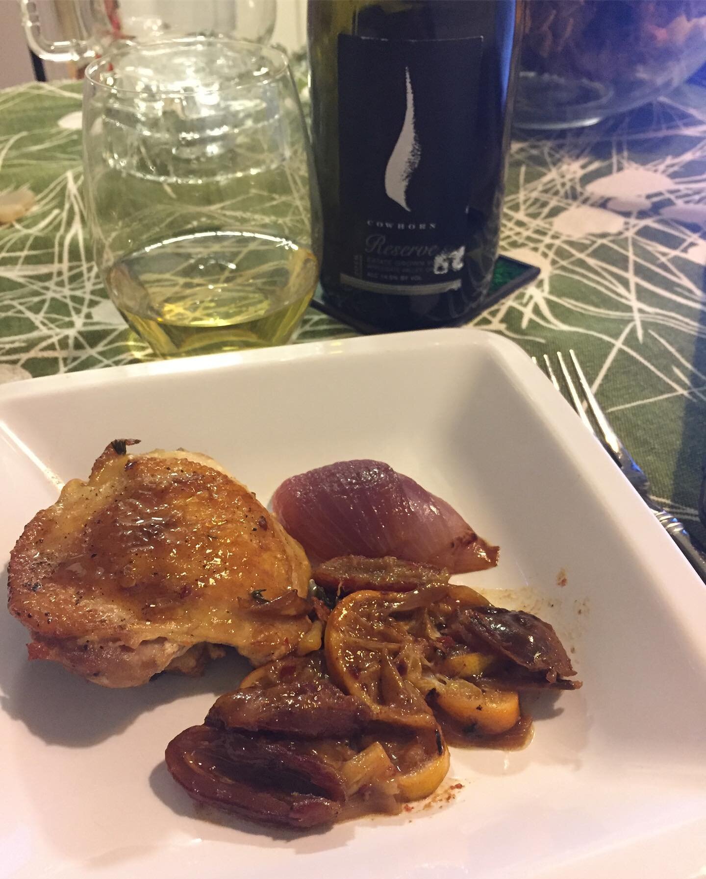 Made @alisoneroman one pot chicken with dates, lemon &amp; shallots (only w/ just thighs, because I&rsquo;m one person) Paired wonderfully with @cowhornwines Reserve Viognier 2016. There. That&rsquo;s my fancy holiday meal.