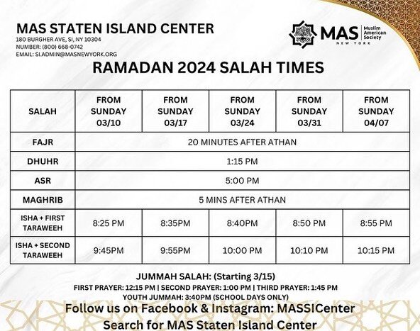 Ramadan 2024 salah times for @massicenter 🕌