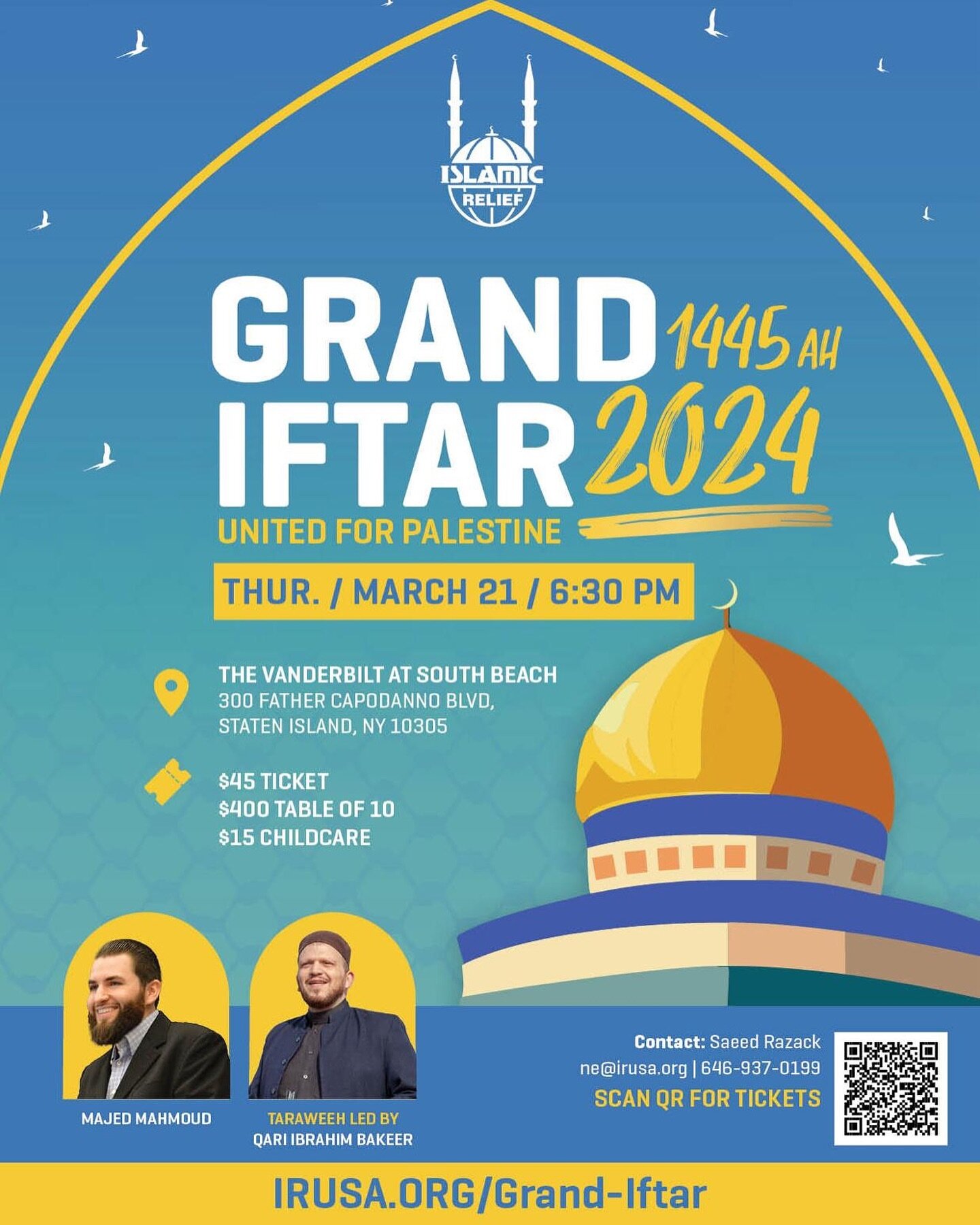 Join us for iftar and Taraweeh on Thursday March 21! Scan QR code for tickets or visit this link: irusa.org/Grand-Iftar. We hope to see you there Insha&rsquo;Allah😊