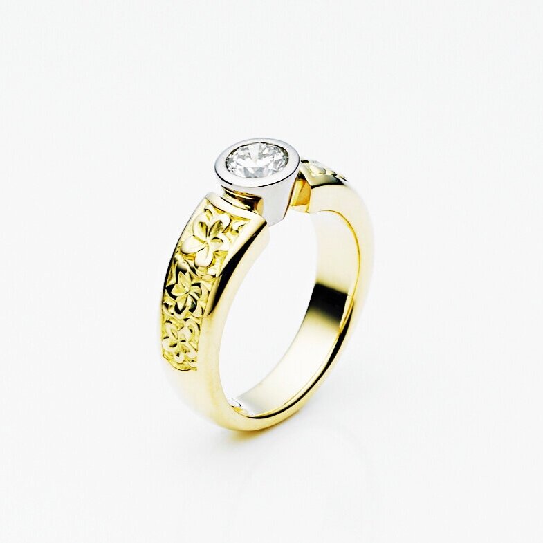 engagement+wedding+frangipani+shoulder+top+yellow+gold+bezel+set+ring.jpg