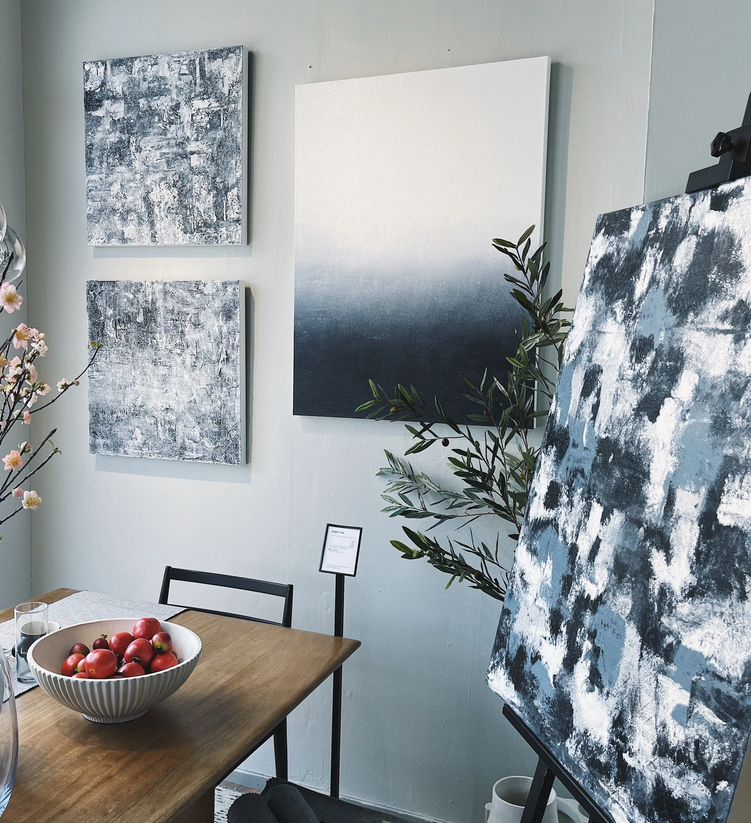 Carina Tenaglia abstract moody textured original artwork on canvas hanging in West Elm retail store in Washington DC for original local artist display