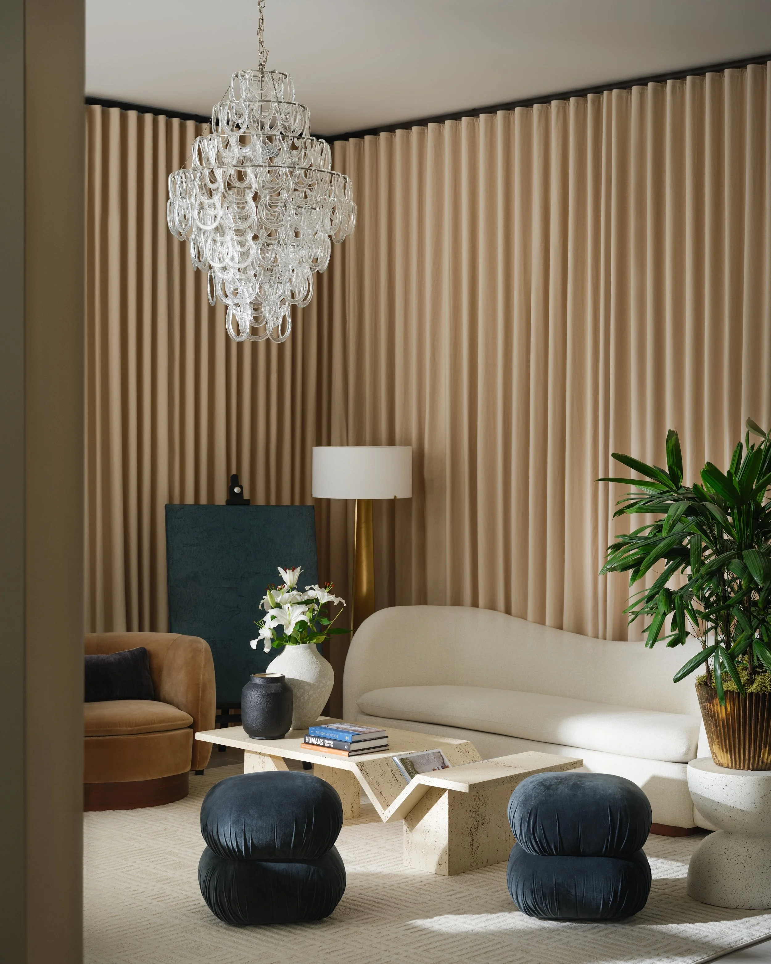 Designer living room den styled with an original abstract textured painting at the Hamptons Designer Showhouse.