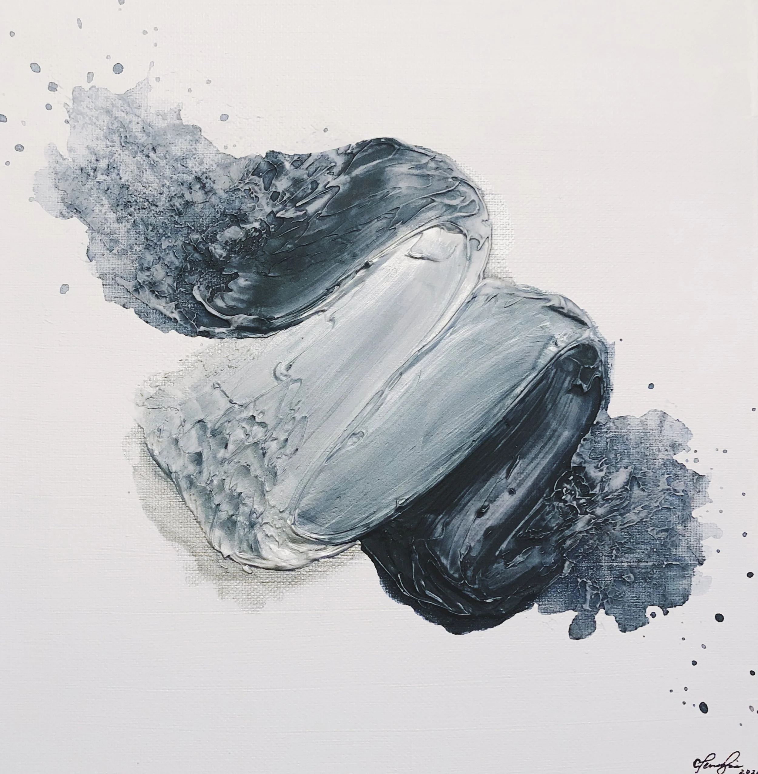 Abstract painting with three large, textured, black, white, grayish blue brushstrokes on a white canvas.