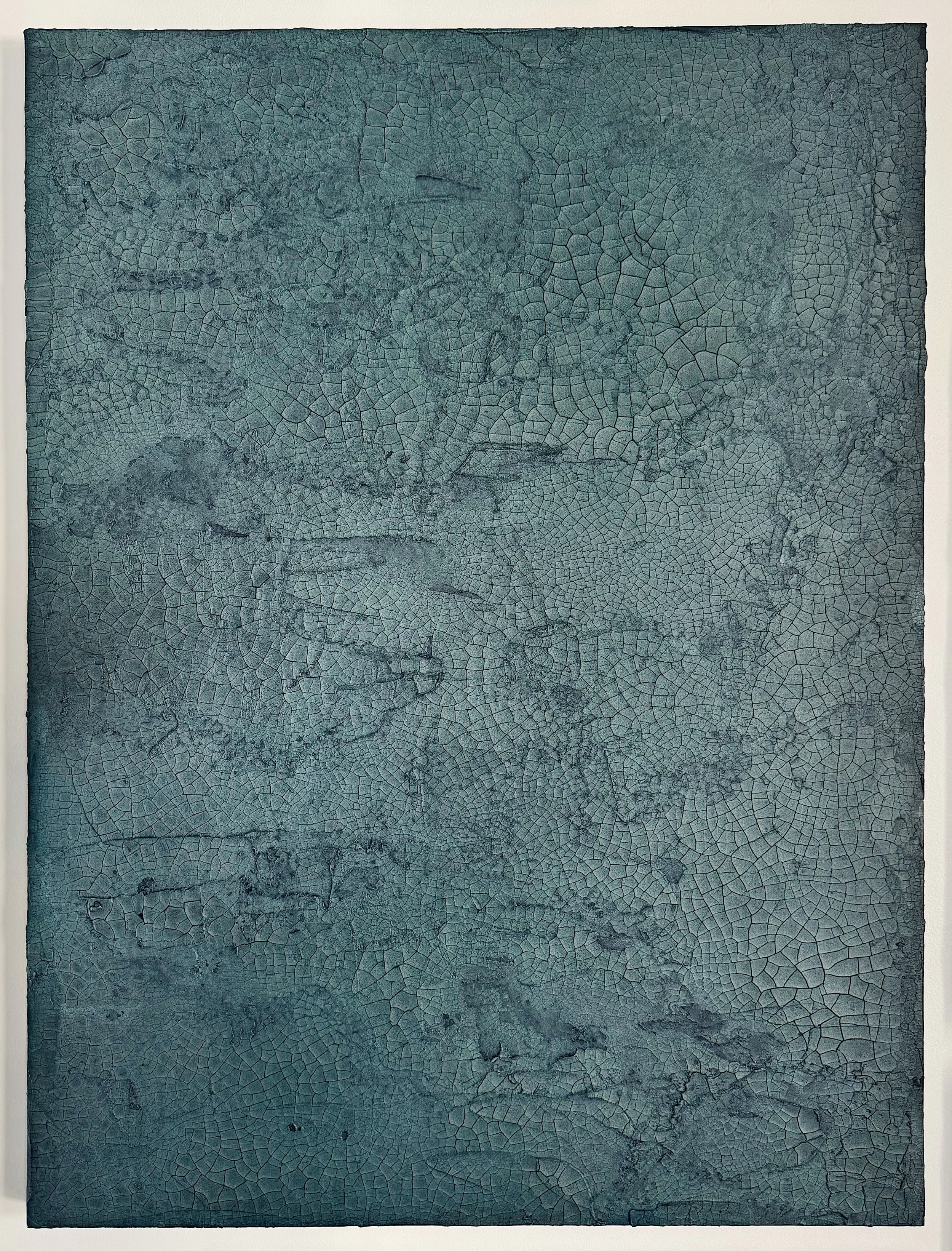 Close-up of a textured, cracked, blue-green painted original painting on canvas.