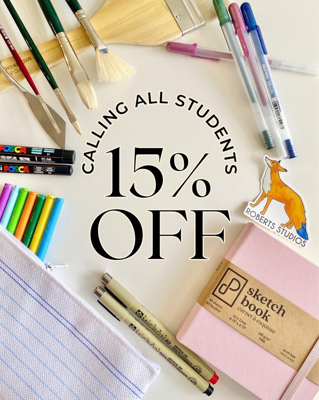 PSA for students👇🎨 15% off at Roberts Studios anytime! Paint, pens, sketchbooks &amp; more. Come browse &amp; tell a friend 👀