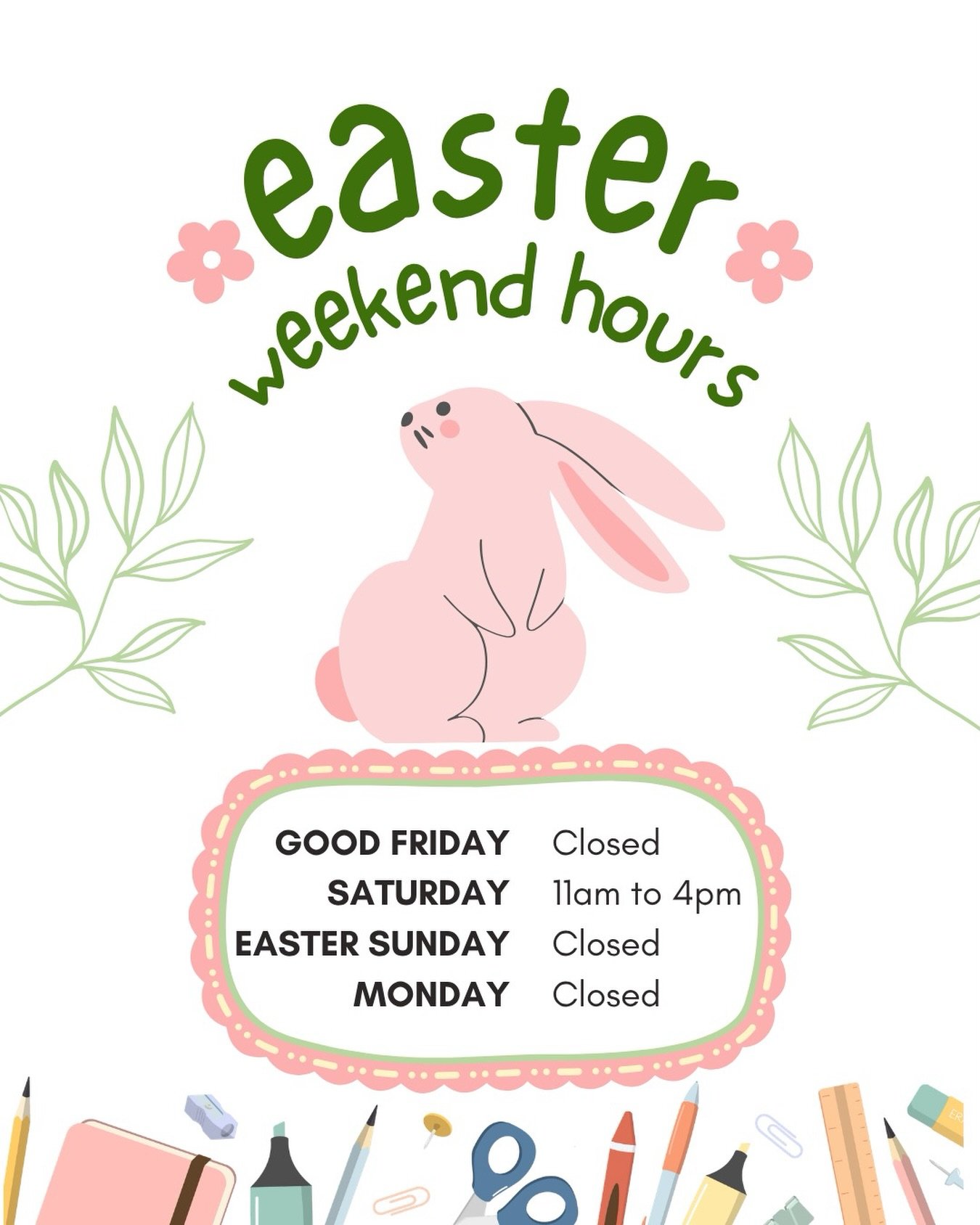 Easter weekend hours! 🐰🎨
 Good Friday: Closed Saturday: 11am&ndash;4pm Easter Sunday: Closed Monday: Closed

Stock up on your art supplies before the bunny beats you to it 🐣🖌️. We hope you have a creative long weekend and a happy Easter!
