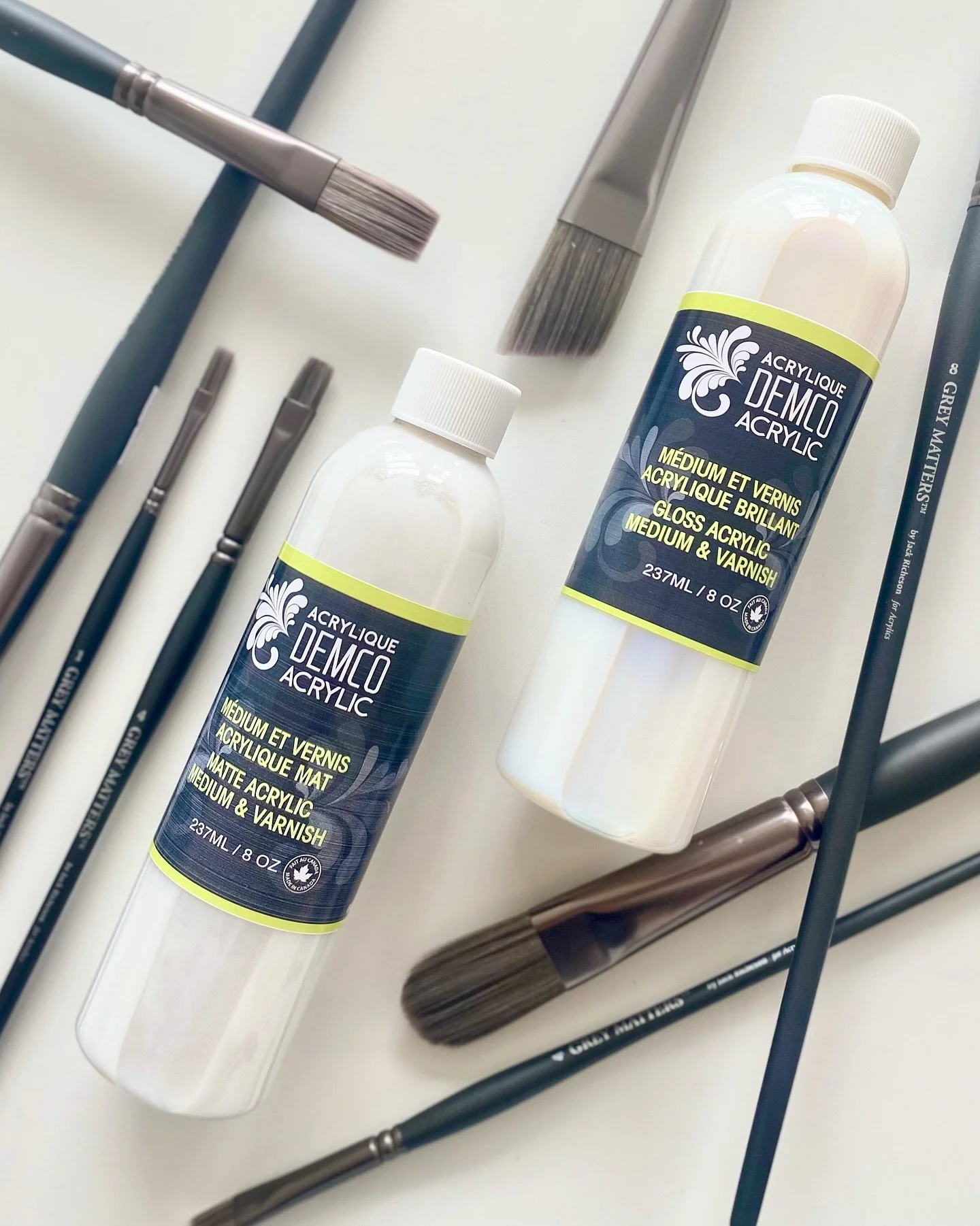 Demco Acrylic Medium &amp; Varnish in matte or gloss 🎨. Perfect pairing with Grey Matters brushes.
Stop in and shop or order online for easy pickup!