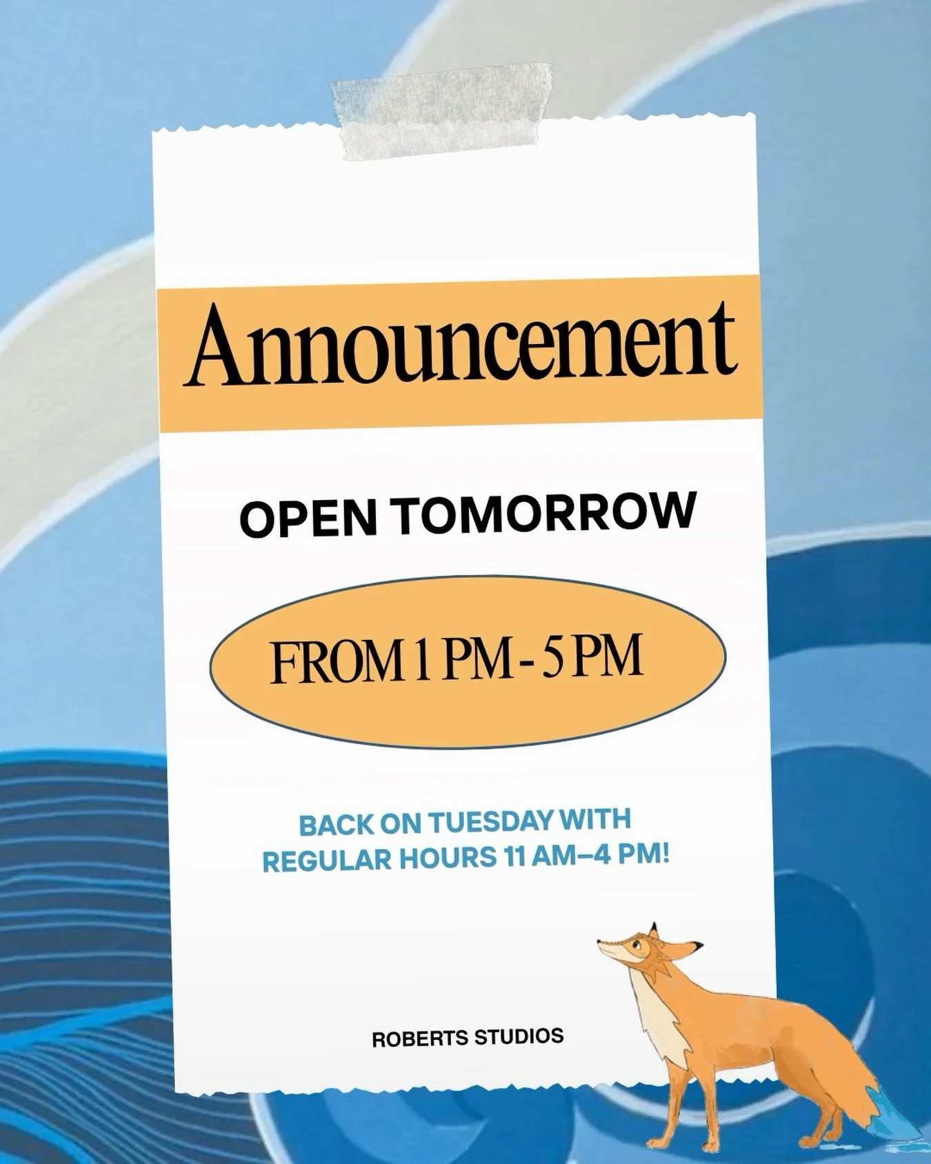 🎨 Hours Update!
 We&rsquo;re open tomorrow (Saturday, August 8) from 1:00 PM - 5:00 PM.

Tomorrow only! We&rsquo;ll be back to our regular hours Tuesday, 11:00 AM &ndash; 4:00 PM. Stop by and get inspired!