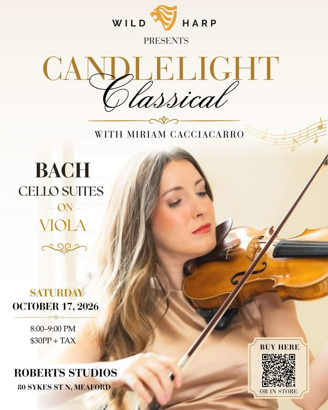 Candlelight Classical, Bach Cello Suites on Viola🎶

Join us this Saturday, October 17, 2026, from 8:00-9:00 PM in Meaford for Candlelight Classical, featuring Miriam Cacciacarro of Quintessence Ensemble.

Performing Bach&rsquo;s Cello Suites on viol