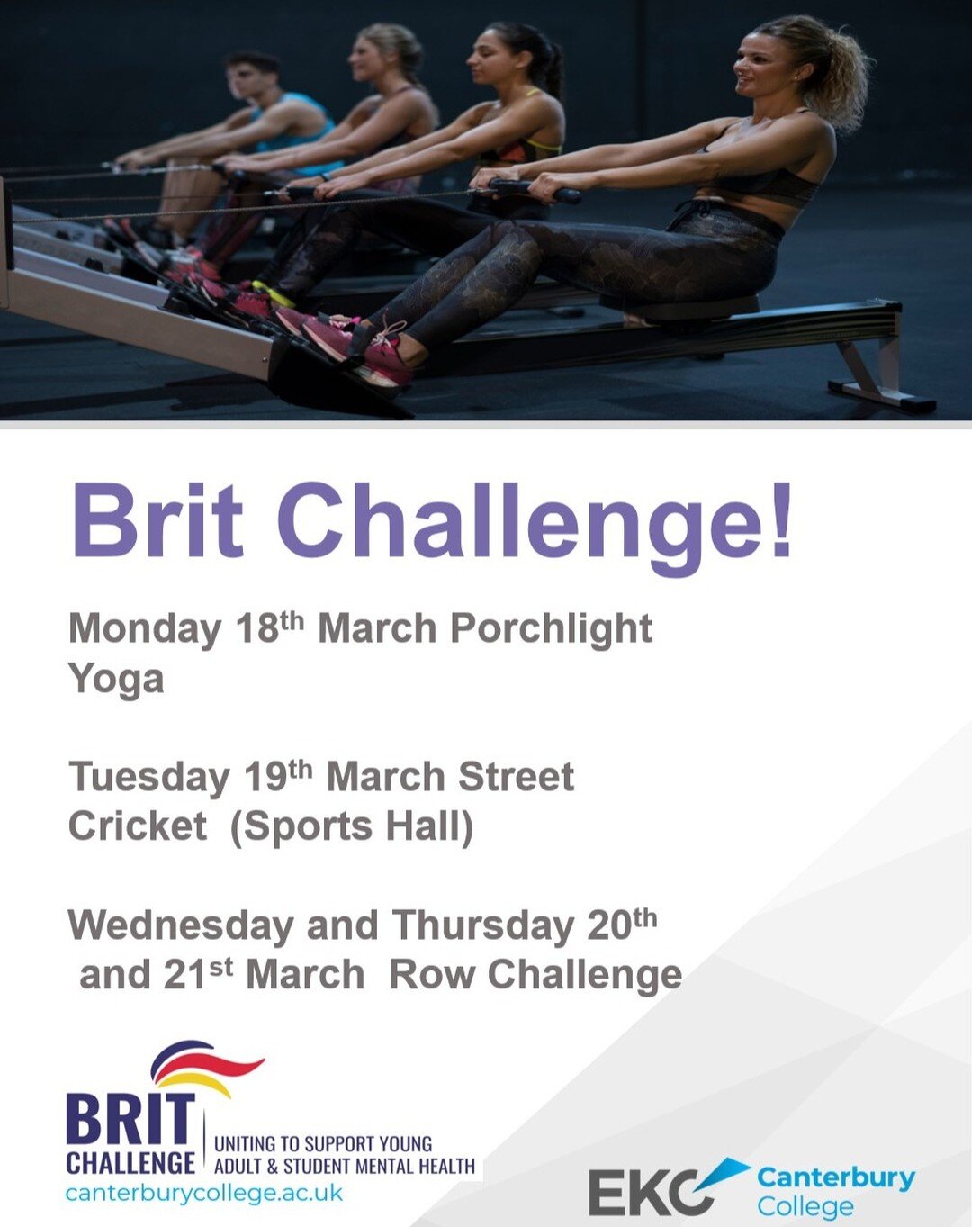 Brit Challenge 2024 - Happening in Canterbury College next week....

Day 1 Monday: Porchlight will host a mental health and wellness stall, accompanied by a rejuvenating yoga class starting at 11:45 AM in SU end of the Student Space.

Day 2 Tuesday J