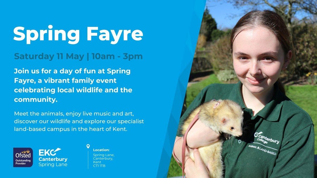 Spring Lane are running a Spring Fayre on Saturday 11th May! FREE!

Come along to the Spring Lane Campus to meet the animals, enjoy live music and art and discover the wildlife 🌸

#CANTCOLSU #SPRINGLANE #CANTERBURYCOLLEGE #EKCGROUP