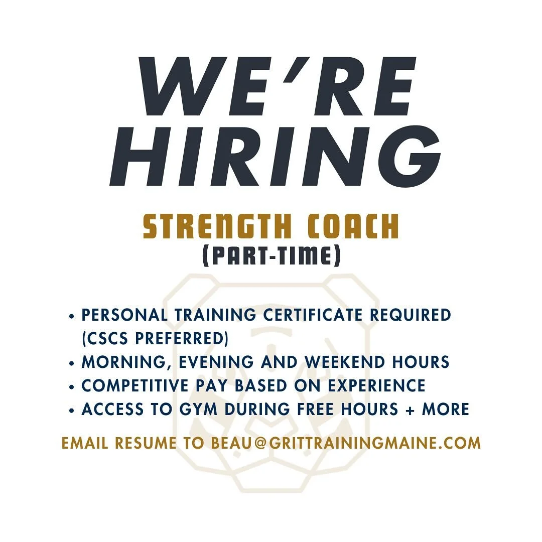We&rsquo;re Hiring!

Send your resume to beau@grittrainingmaine.com or shoot me a DM with any questions.

Brand new facility connected to a PT and massage clinic located at 585 B Walnut Hill Rd, North Yarmouth, ME!

#strenghtandconditioning #personal