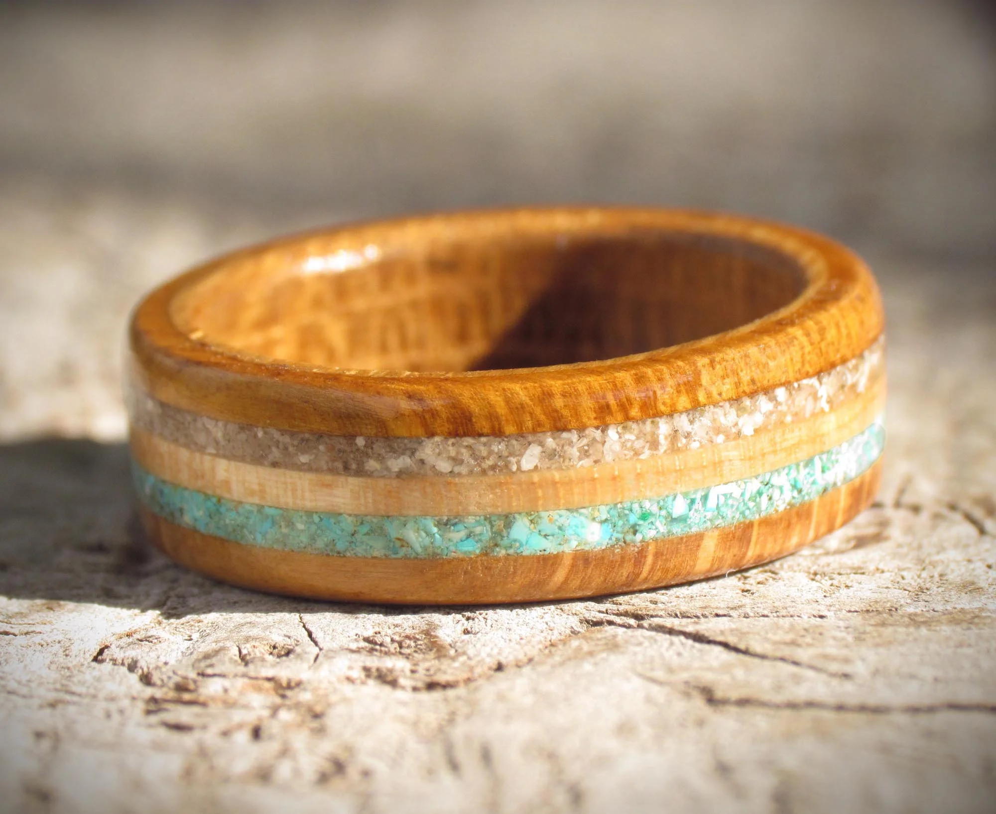 sand and gemstone wooden ring individually crafted in our Scottish workshop
