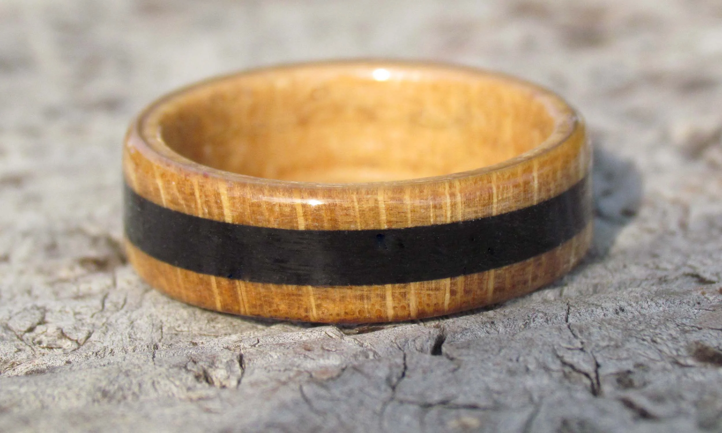 wooden ring with whitby Jet