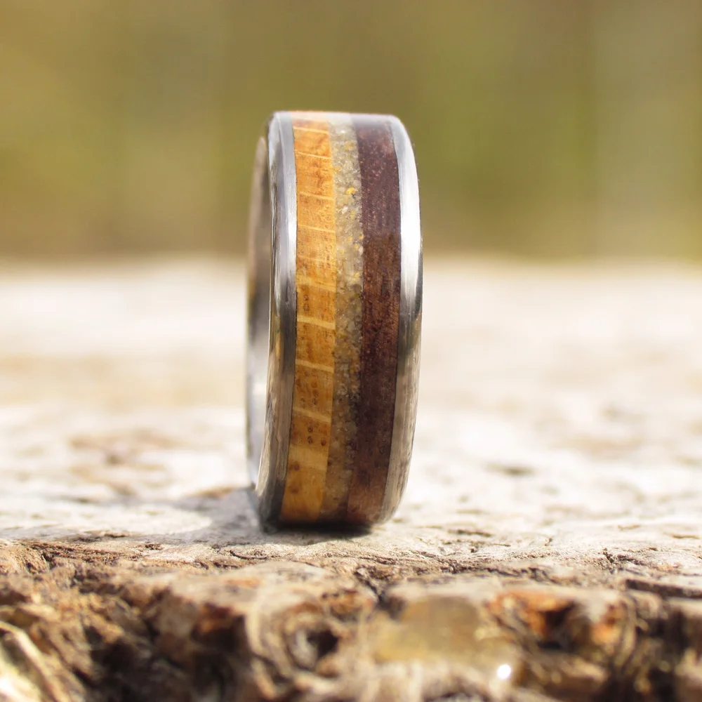 Titanium Ring Inlaid With Oak And Walnut With An Accent Of Sand